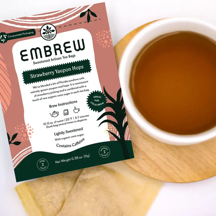Embrew Tea Strawberry Yaupon Hops Sweetened Herbal Tea, 2ct Sample
