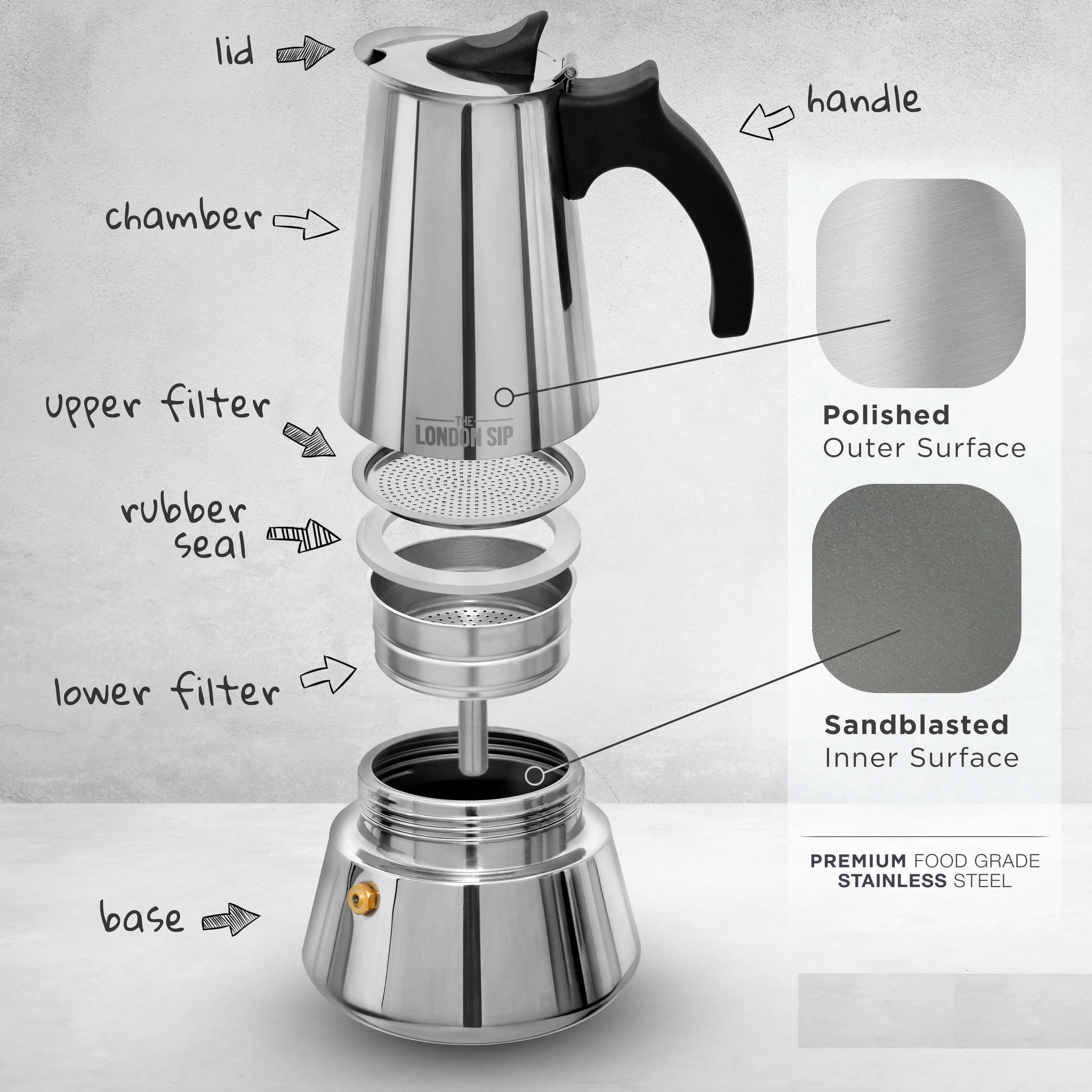 The London Sip Stainless Steel Espresso Maker, Multiple Sizes, Silver