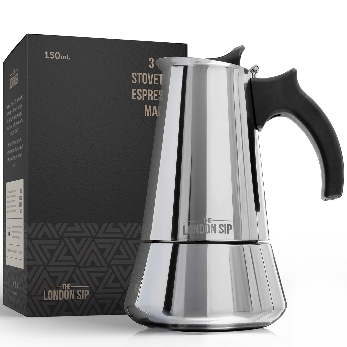 The London Sip London Sip Stainless Steel Stove-Top Espresso Maker Coffee Pot Italian Moka Percolator, Silver, 3 Cup