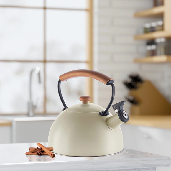 OGGI Stovetop Whistling Kettle w/ Wood Handle, Steel, Gray