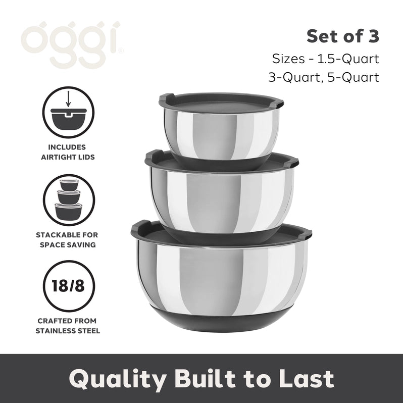 OGGI Stainless Steel Bowls w/ Silicone Base, Set 3