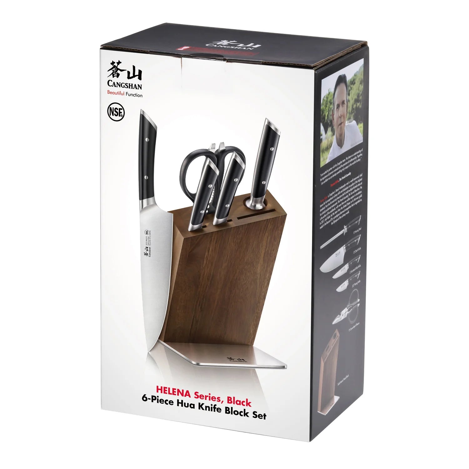 Cangshan HELENA 6pc Knife Block Set, Forged German Steel, HUA Acacia Block, Black