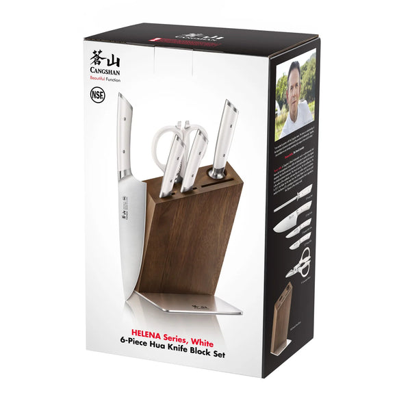 Cangshan HELENA 6pc Knife Block Set, Forged German Steel, HUA Acacia Block, White