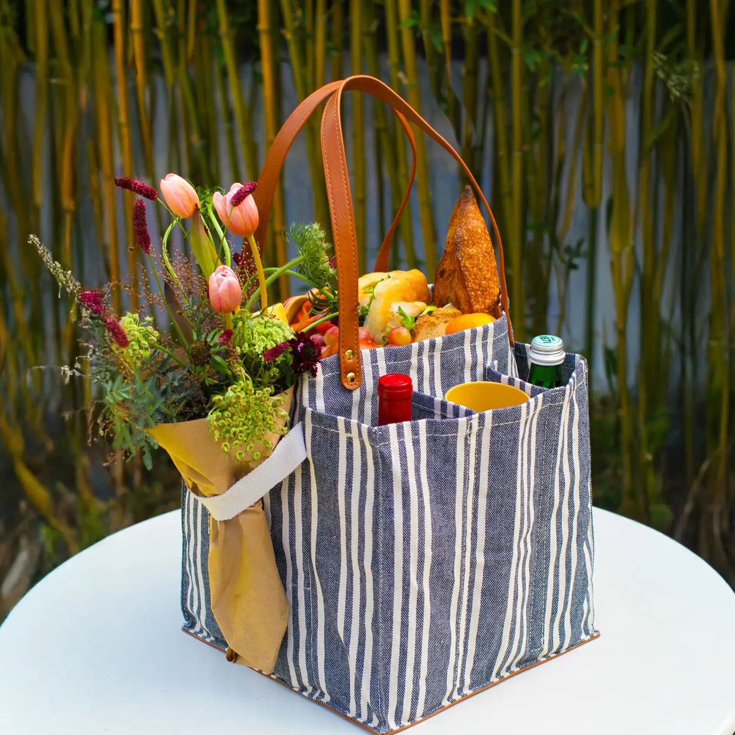 Capabunga Heavy Canvas Market Tote, Patterned with Brown Handles