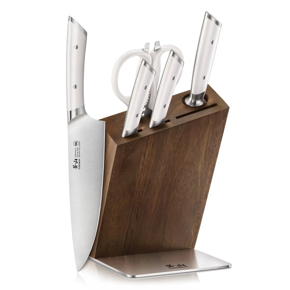 Cangshan HELENA 6pc Knife Block Set, Forged German Steel, HUA Acacia Block, White