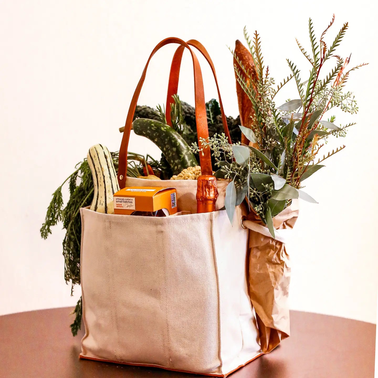 Capabunga Heavy Canvas Market Tote, Natural with Brown Handles