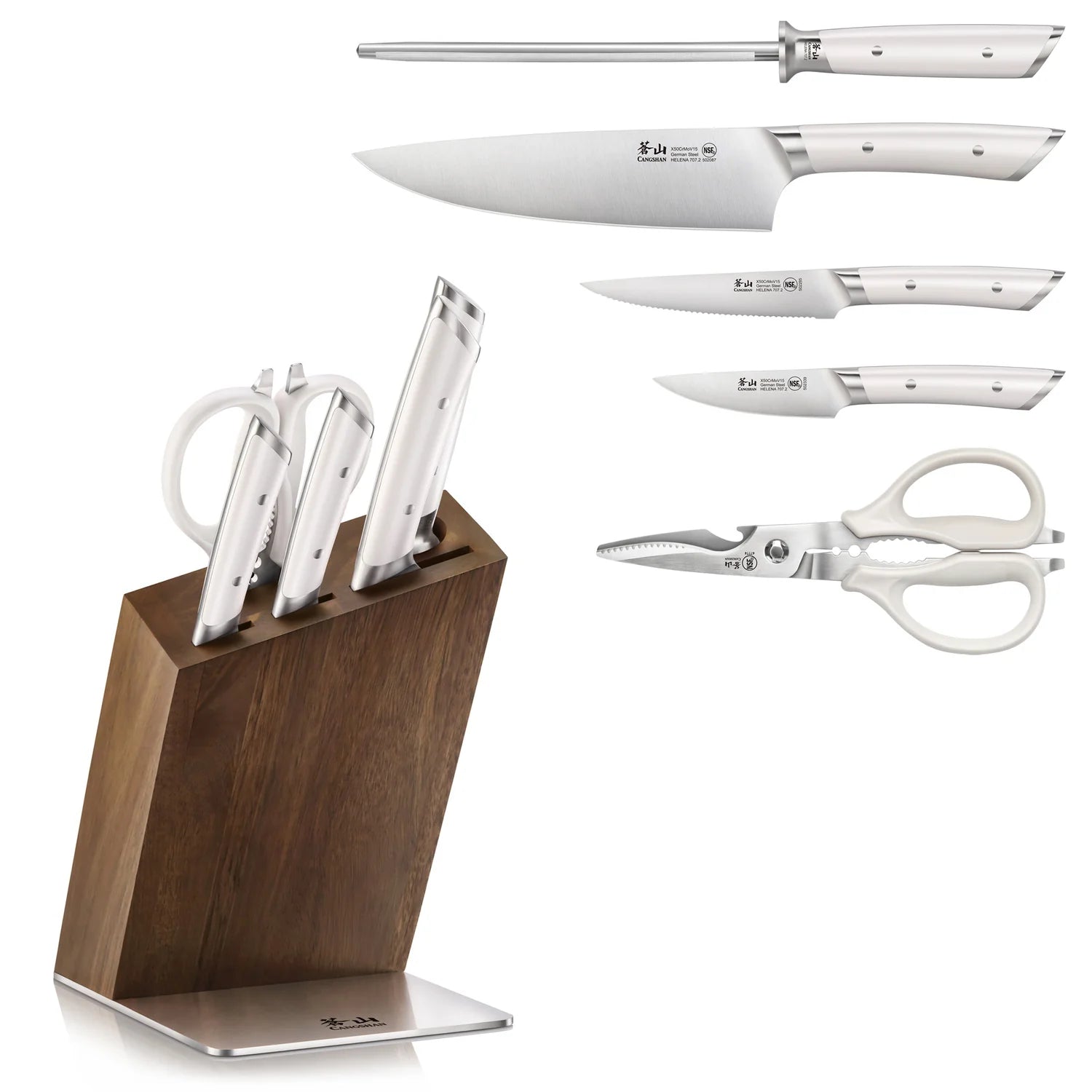Cangshan HELENA 6pc Knife Block Set, Forged German Steel, HUA Acacia Block, White