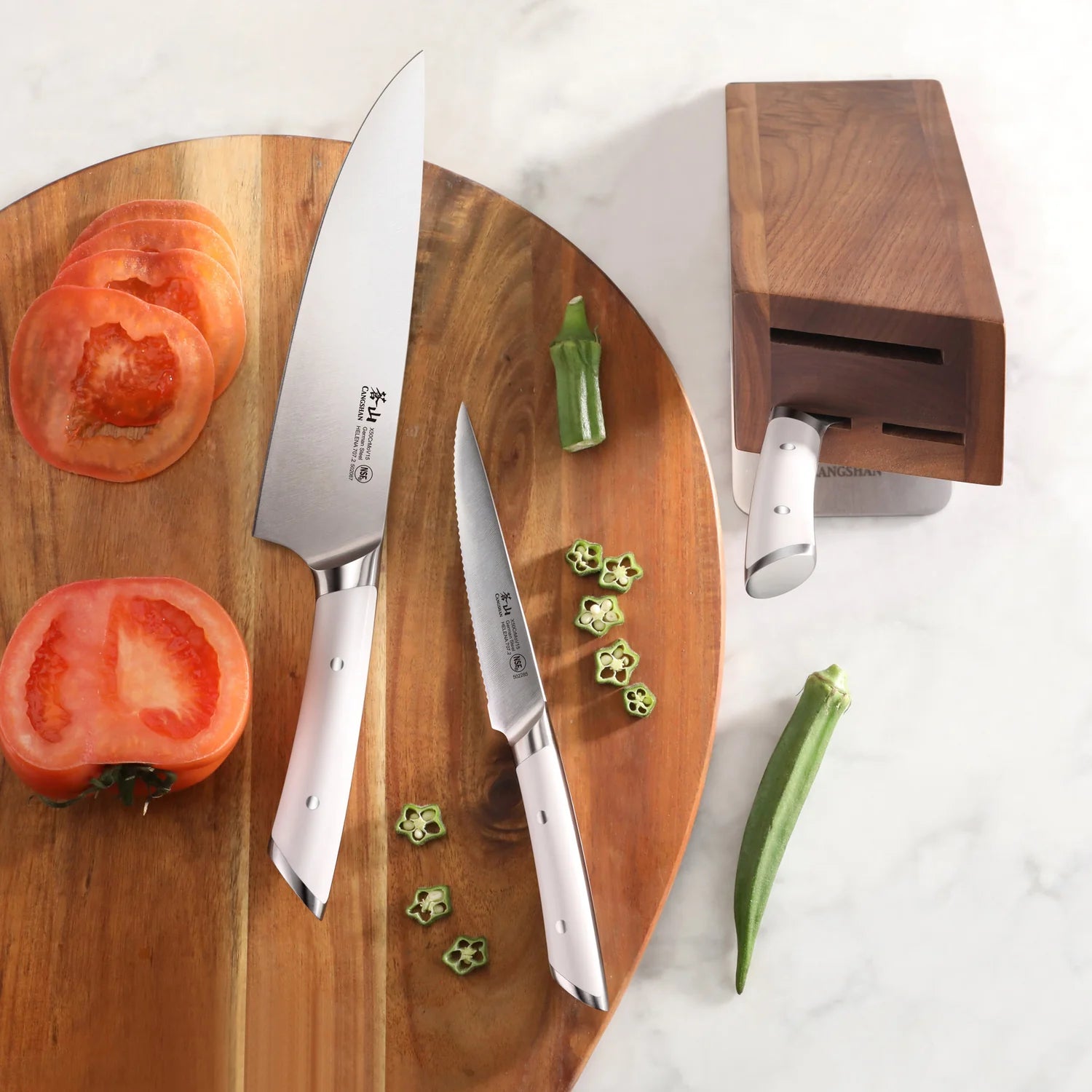 Cangshan HELENA 6pc Knife Block Set, Forged German Steel, HUA Acacia Block, White