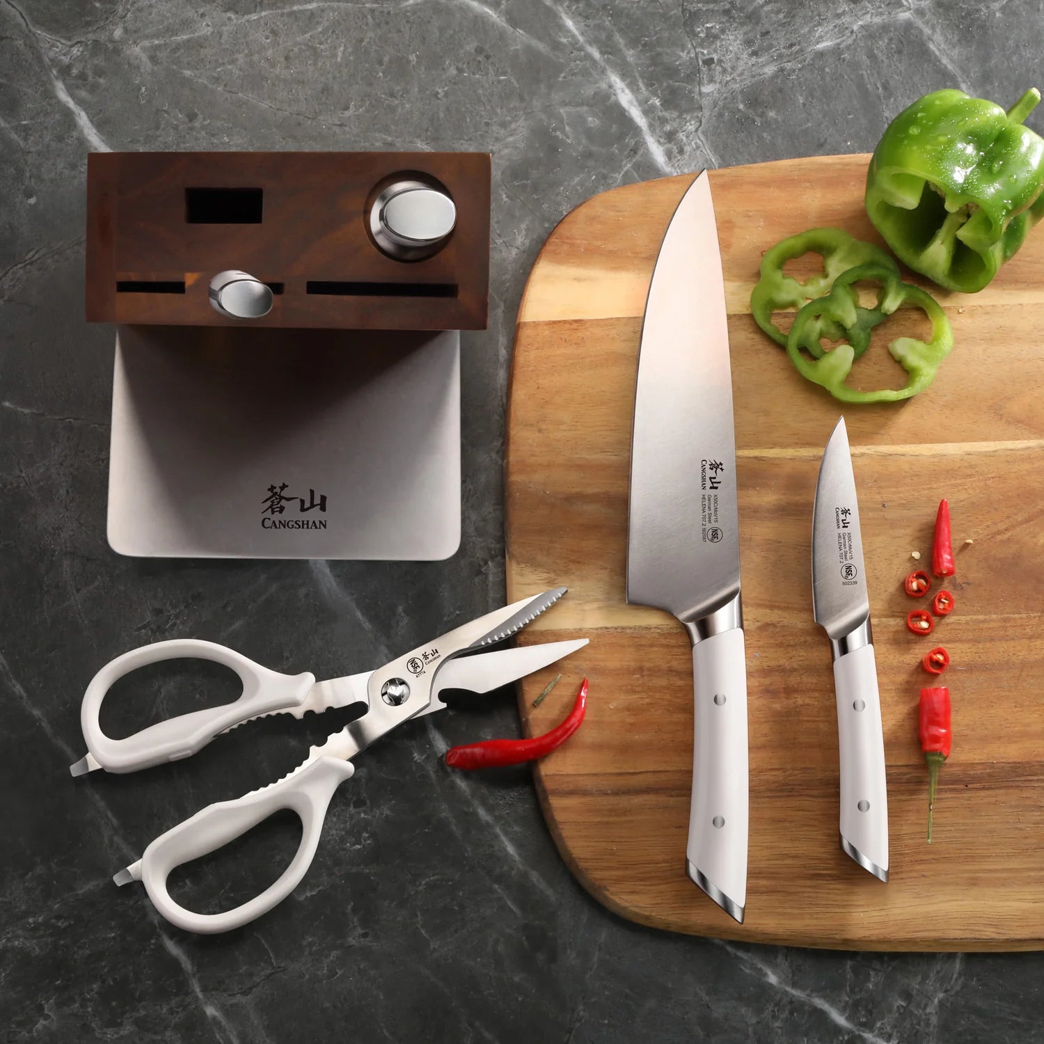 Cangshan HELENA 6pc Knife Block Set, Forged German Steel, HUA Acacia Block, White