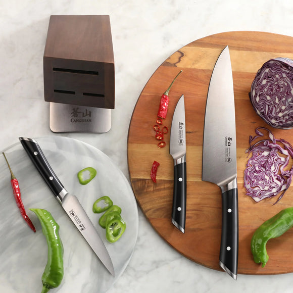 Cangshan HELENA 6pc Knife Block Set, Forged German Steel, HUA Acacia Block, Black