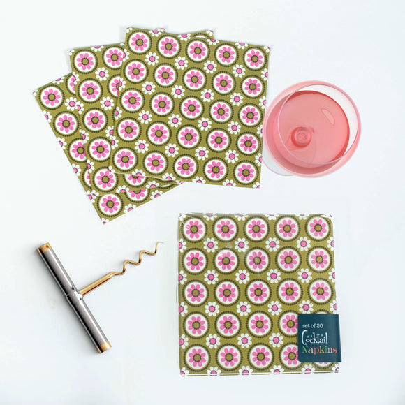 Mod Lounge Paper Co Cocktail Napkin Groovy Floral Pink and Green