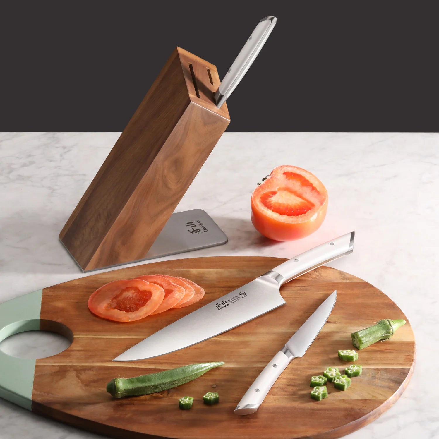 Cangshan HELENA 6pc Knife Block Set, Forged German Steel, HUA Acacia Block, White