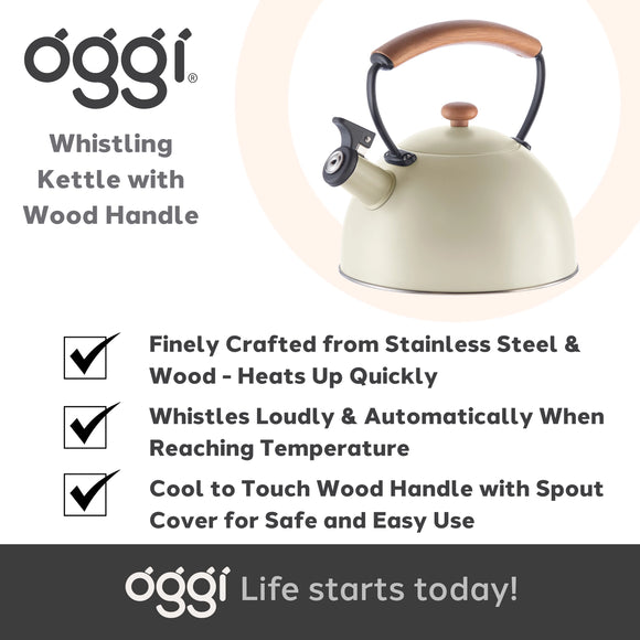 OGGI Stovetop Whistling Kettle w/ Wood Handle, Steel, Gray