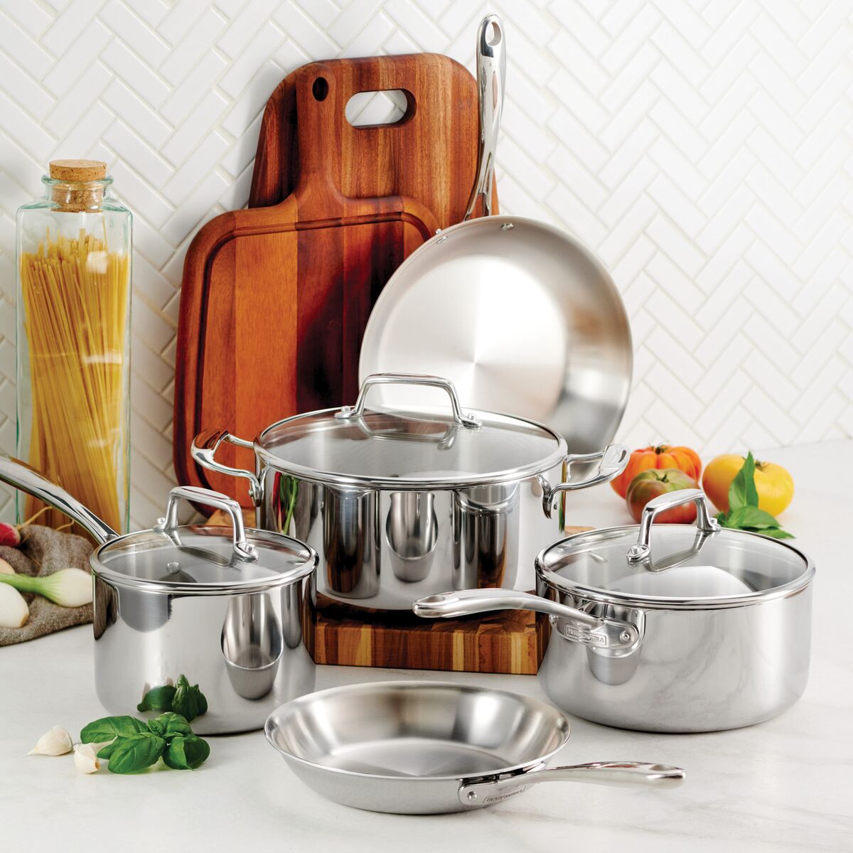 Tramontina Tri-Ply Clad 8 Pc Stainless Steel Cookware Set w/ Glass Lids