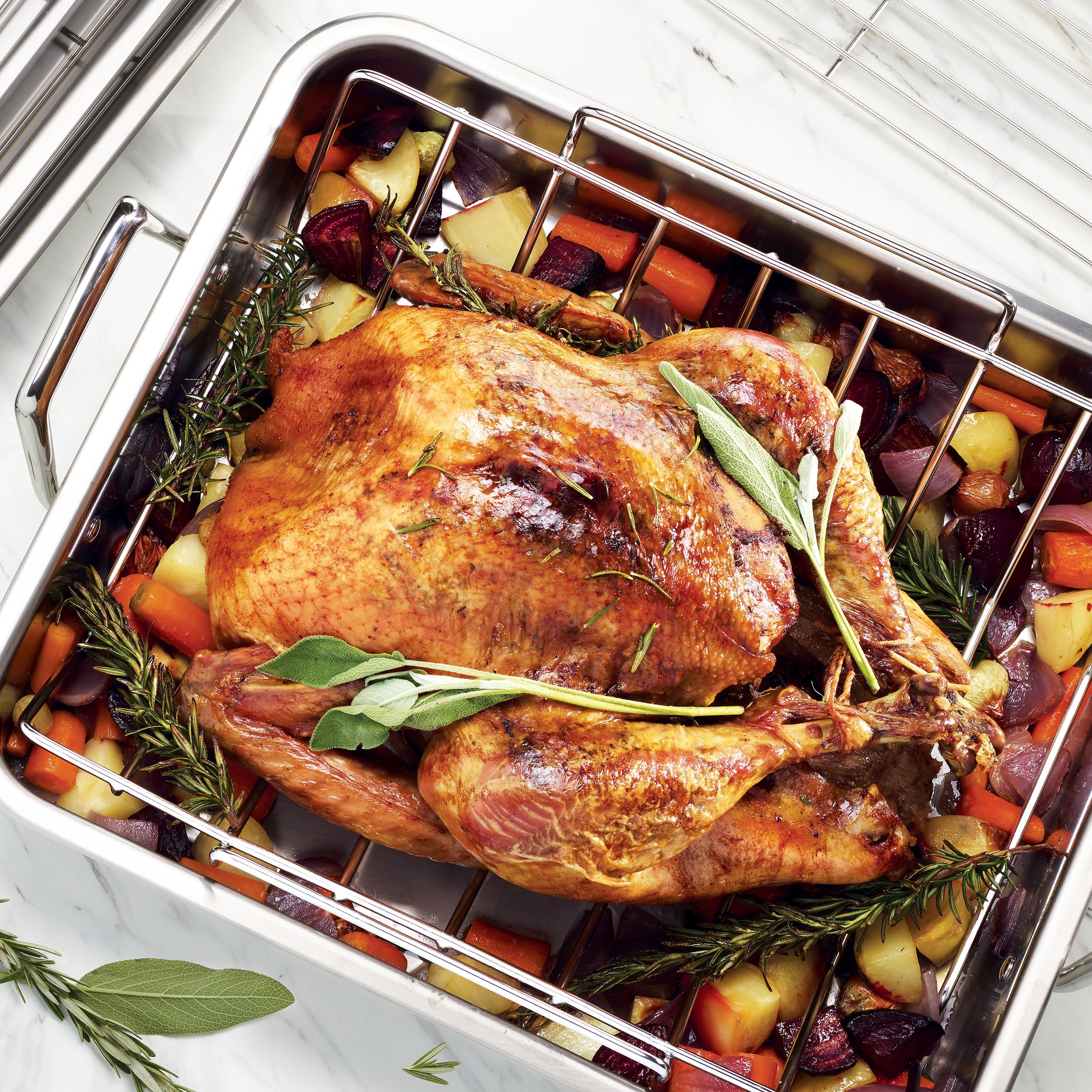 Tramontina Prima Stainless Steel Deep Roasting Pan w/ Basting Grill & V-Rack, 16.5''