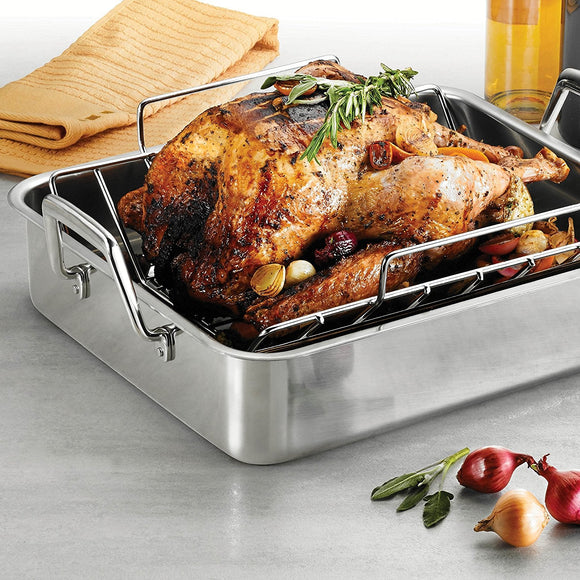 Tramontina Prima Stainless Steel Deep Roasting Pan w/ Basting Grill & V-Rack, 16.5''