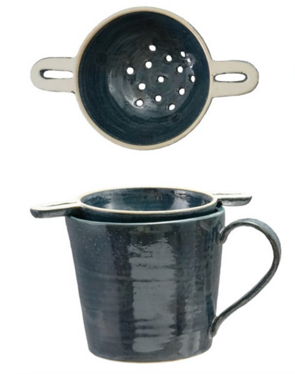 Creative Co-Op 14 oz Stoneware Mug with Strainer, Set of 2, Multiple Colors