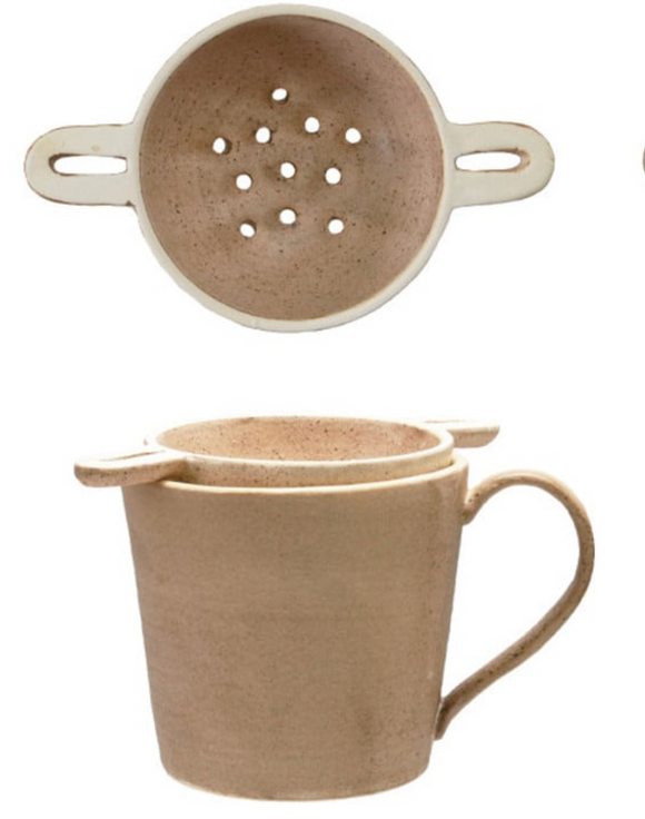 Creative Co-Op 14 oz Stoneware Mug with Strainer, Set of 2, Multiple Colors