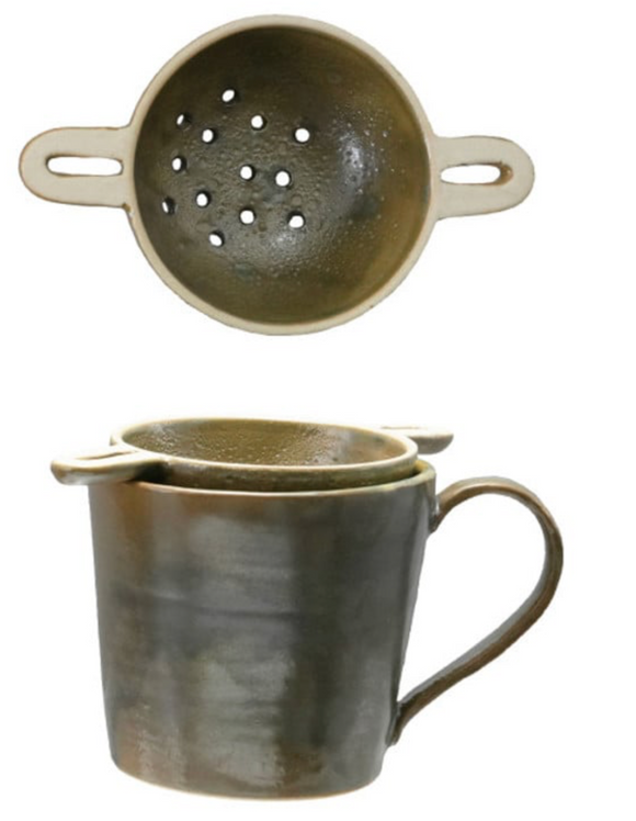 Creative Co-Op 14 oz Stoneware Mug with Strainer, Set of 2, Multiple Colors