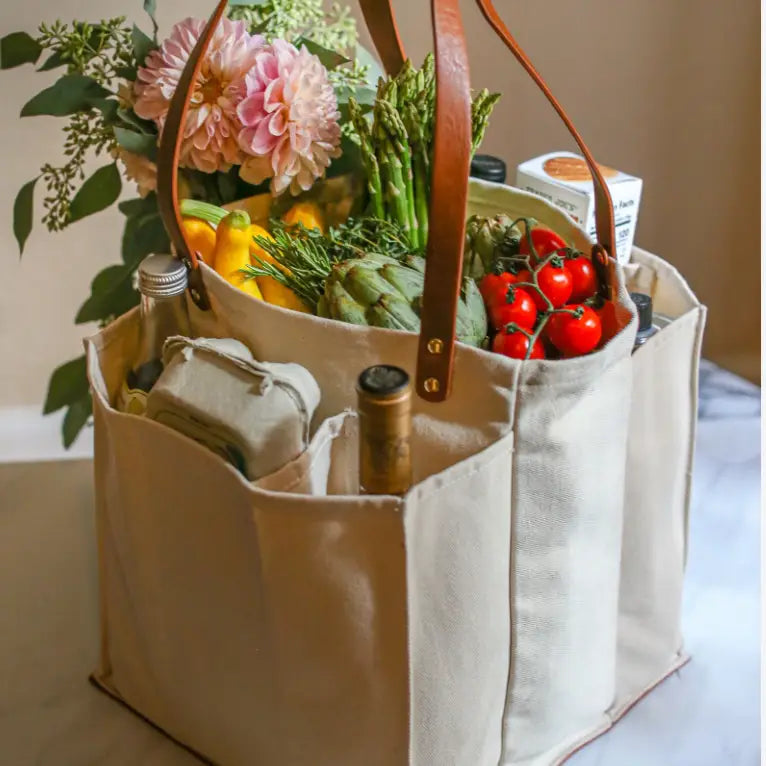 Capabunga Heavy Canvas Market Tote, Natural with Brown Handles