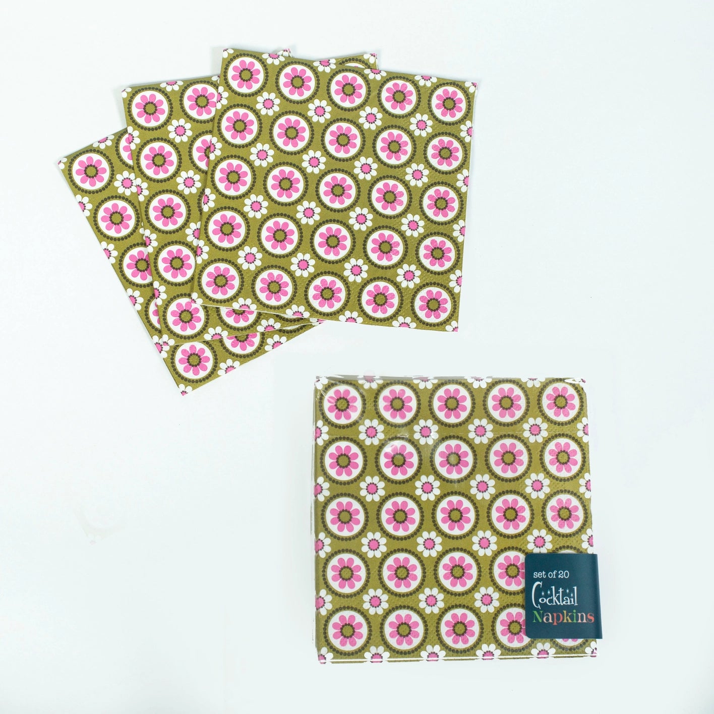 Mod Lounge Paper Co Cocktail Napkin Groovy Floral Pink and Green