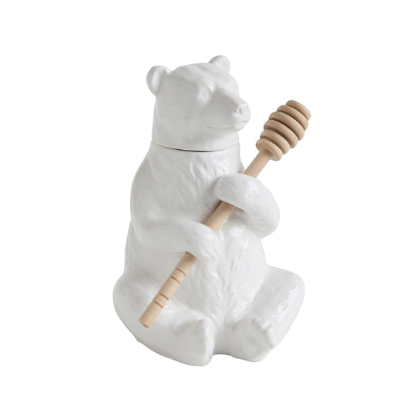 Creative Co-Op Ceramic Bear Shaped Honey Jar w/ Bamboo Honey Dipper