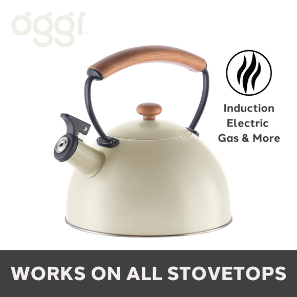 OGGI Stovetop Whistling Kettle w/ Wood Handle, Steel, Gray