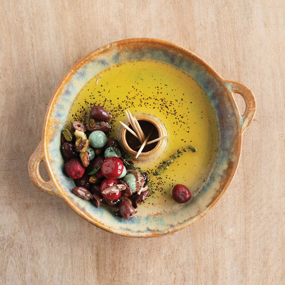 Creative Co-Op Stoneware Olive Serving Dish w/ Toothpick Holder