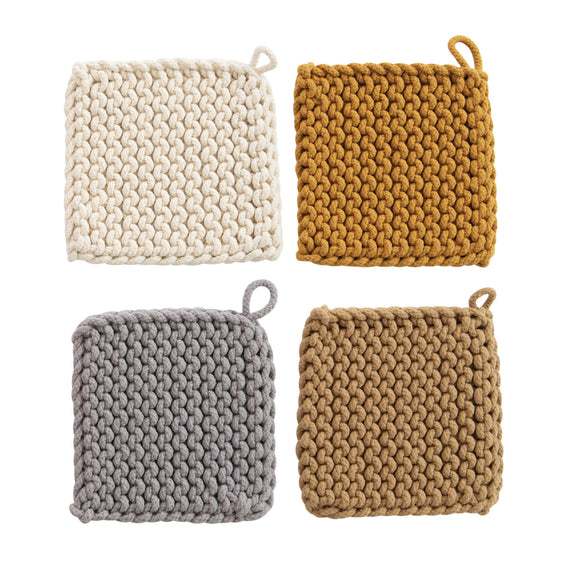 creative co-op Cotton Crocheted Potholder, Set of 4, Multiple Colors