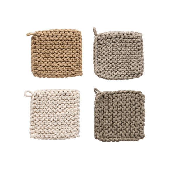 creative co-op Cotton Crocheted Potholder, Set of 4, Multiple Colors