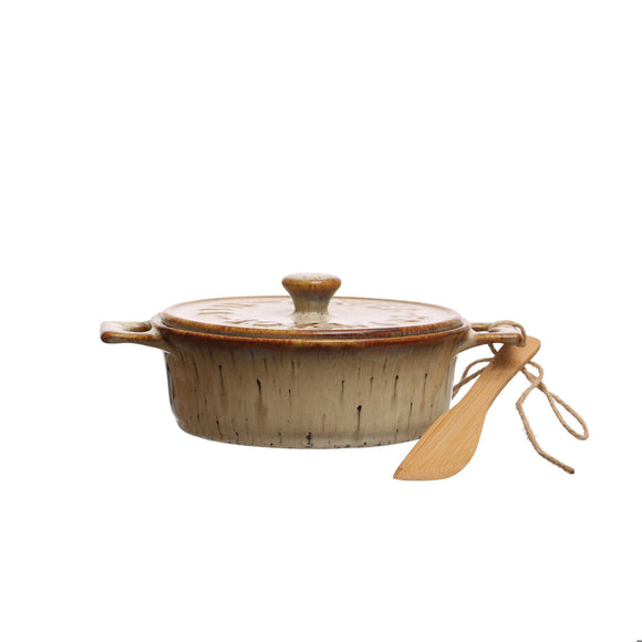 Creative Co-Op Stoneware Brie Baker w/ Bamboo Spreader, Set of 2