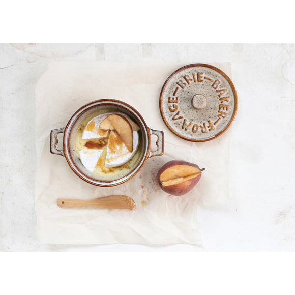 Creative Co-Op Stoneware Brie Baker w/ Bamboo Spreader, Set of 2