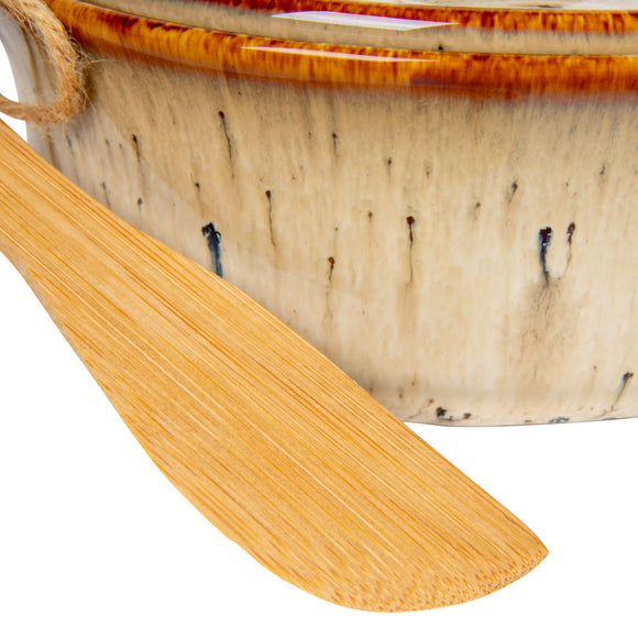 Creative Co-Op Stoneware Brie Baker w/ Bamboo Spreader, Set of 2