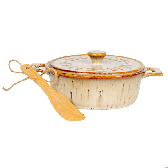 Creative Co-Op Stoneware Brie Baker w/ Bamboo Spreader, Set of 2