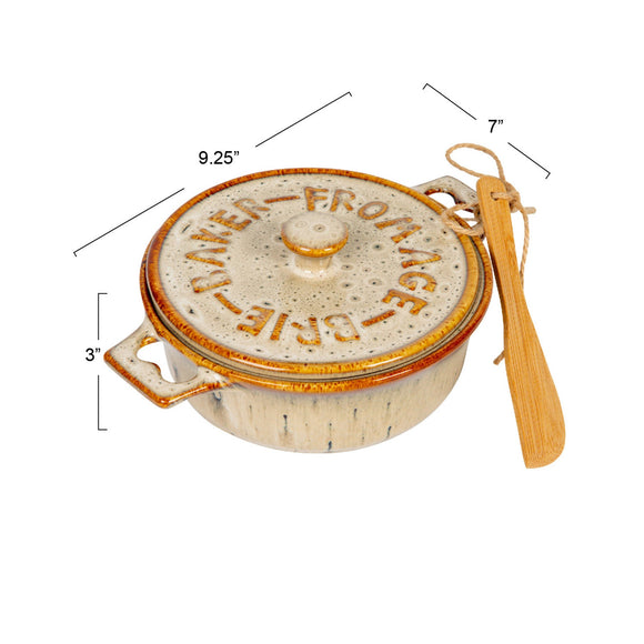 Creative Co-Op Stoneware Brie Baker w/ Bamboo Spreader, Set of 2