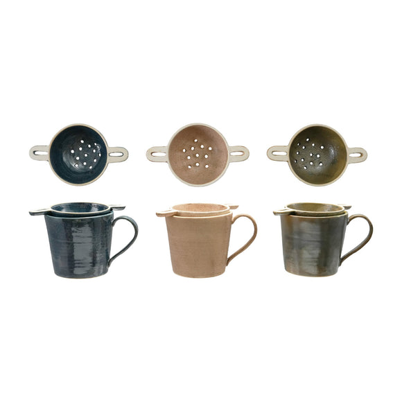 Creative Co-Op 14 oz Stoneware Mug with Strainer, Set of 2, Multiple Colors