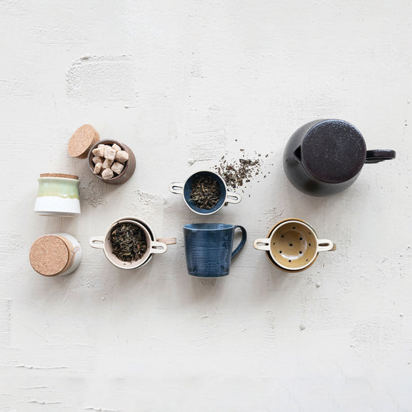 Creative Co-Op 14 oz Stoneware Mug with Strainer, Set of 2, Multiple Colors