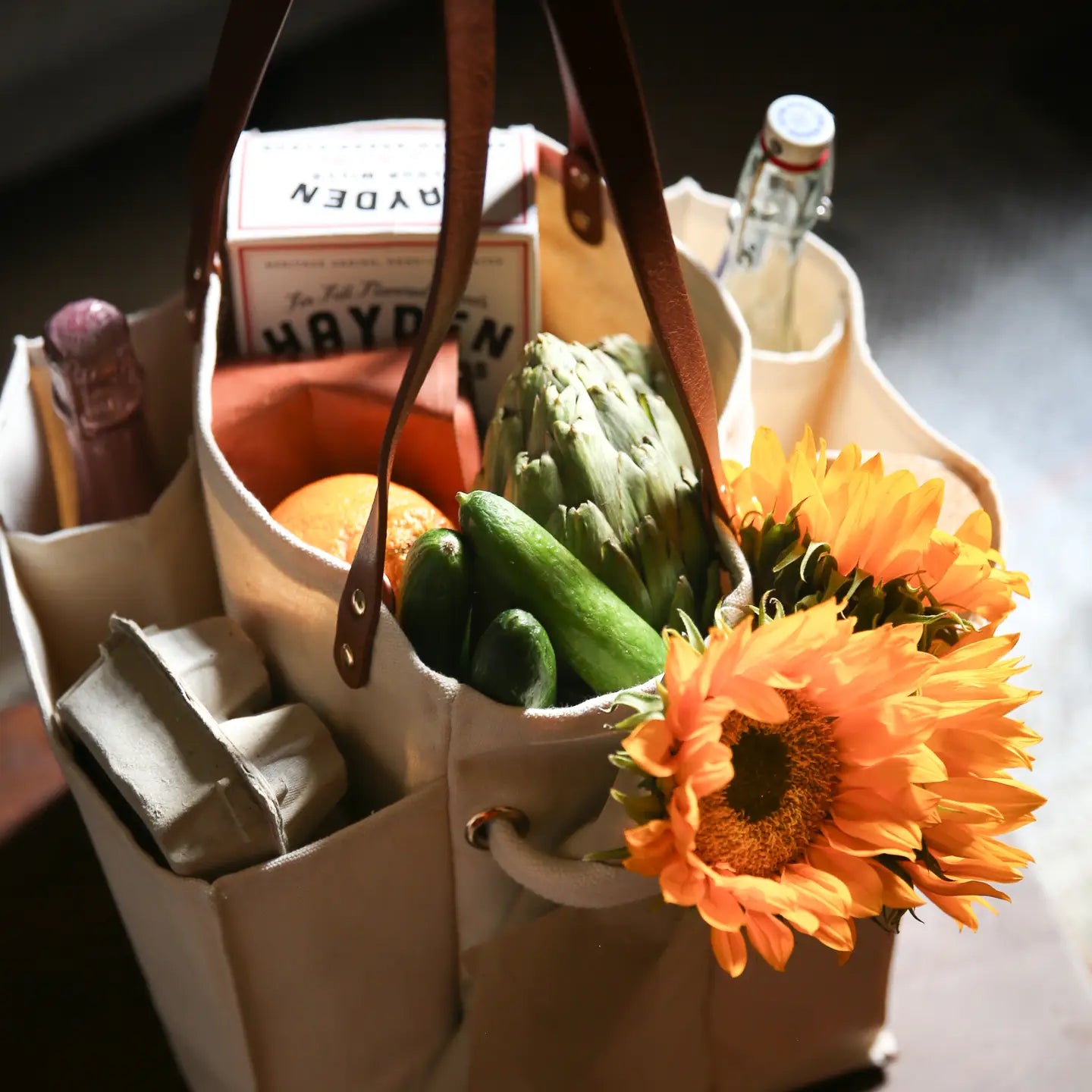 Capabunga Heavy Canvas Market Tote, Natural with Brown Handles