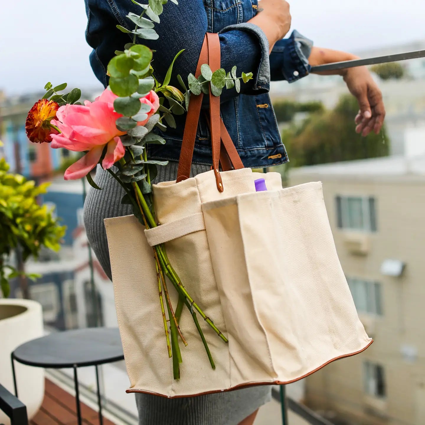 Capabunga Heavy Canvas Market Tote, Natural with Brown Handles