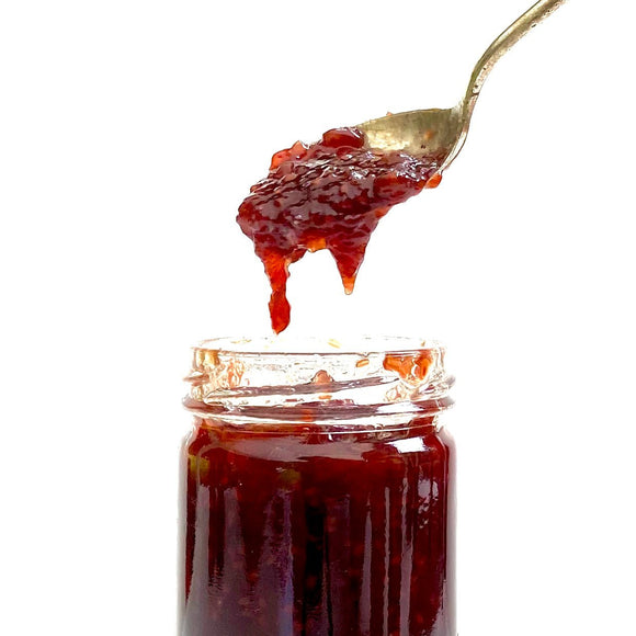 Copper Pot & Wooden Spoon Raspberry Rhubarb Jam