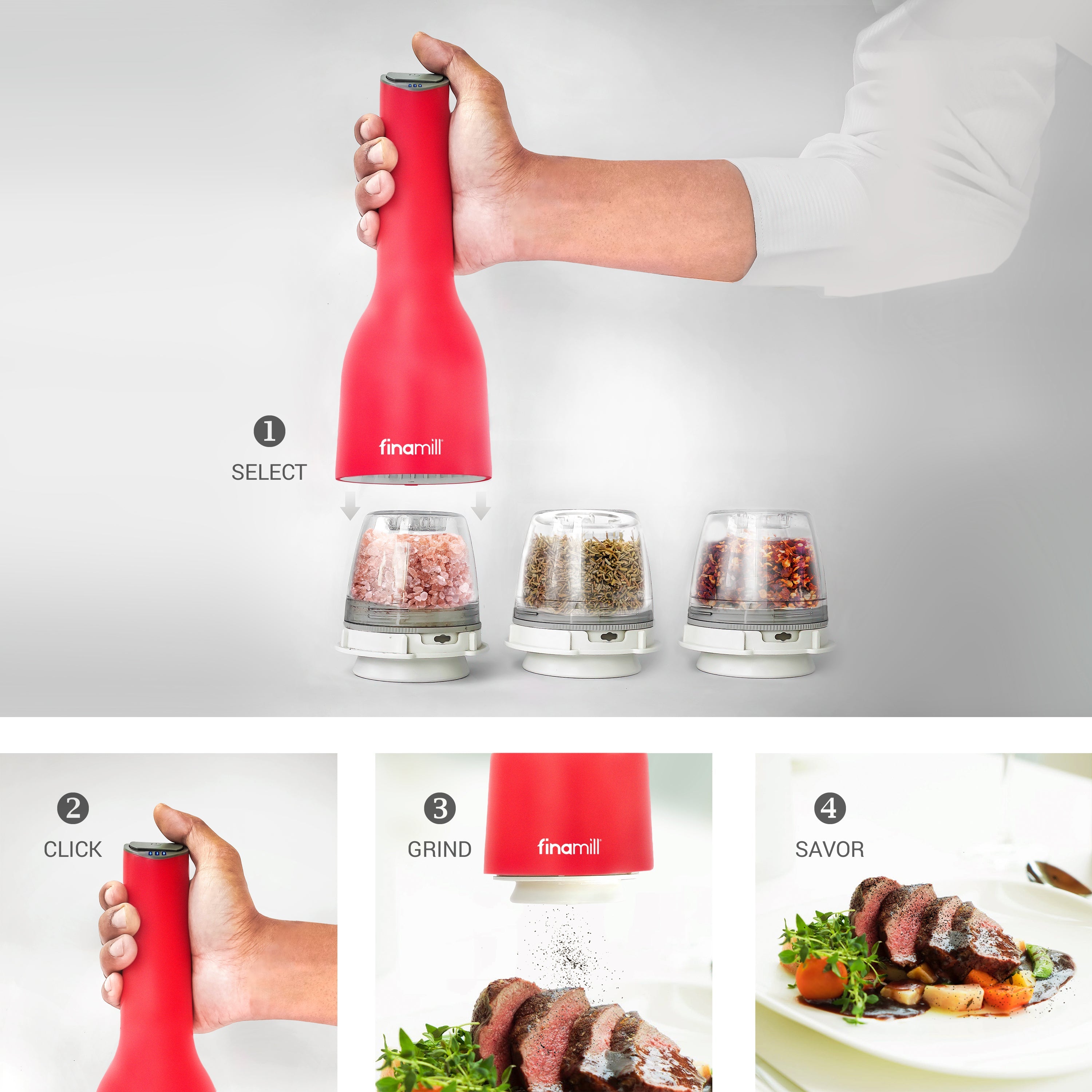 FinaMill – USB Rechargeable Pepper Mill & Spice Grinder in One, Multiple Colors