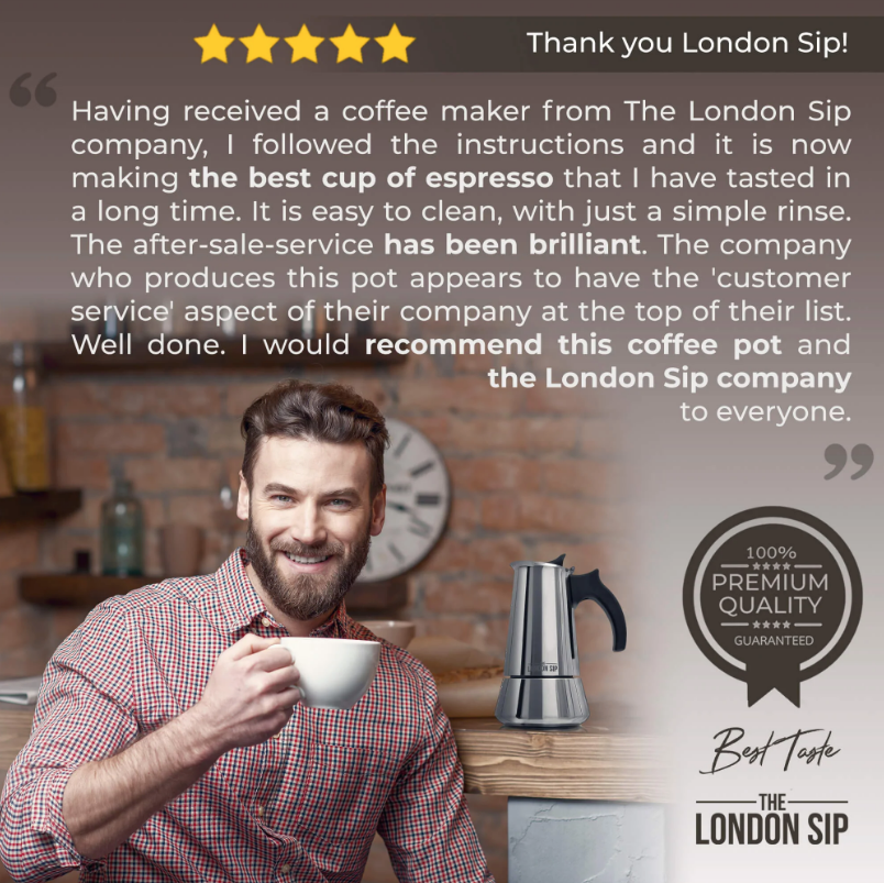 London Sip Espresso Maker, 3 Cups, Stainless Steel, Matte Black