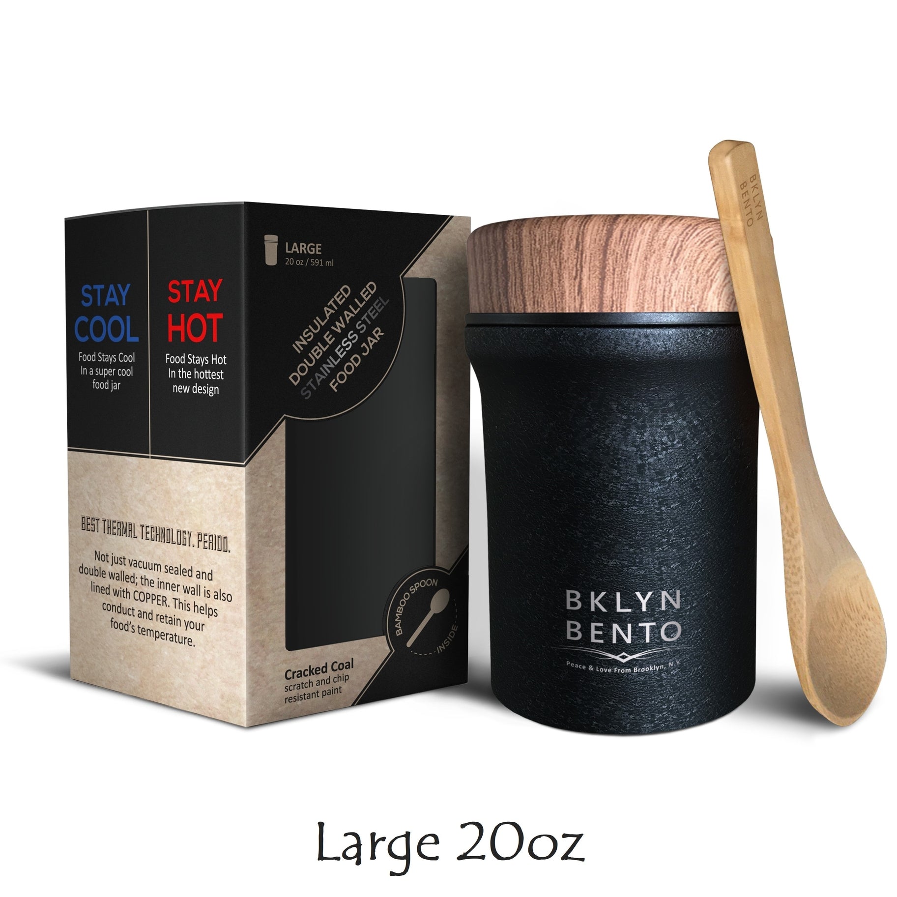 Bklyn Bento Williamsburg Food Jar Large (20oz) + Bamboo Spoon, Multiple Colors