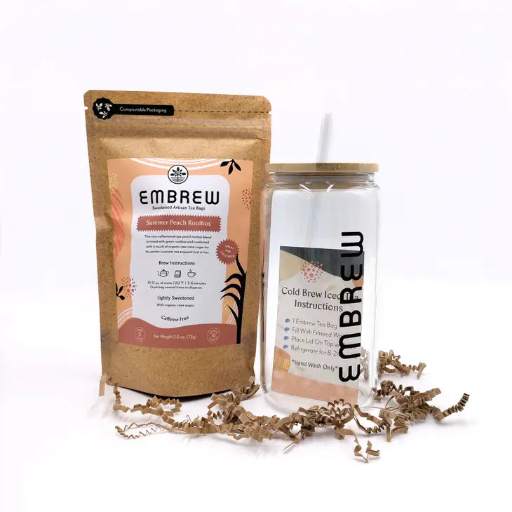 Embrew Tea Summer Peach Rooibos Sweetened Herbal, Glass + Bamboo Cold Brew Iced Tea Kit