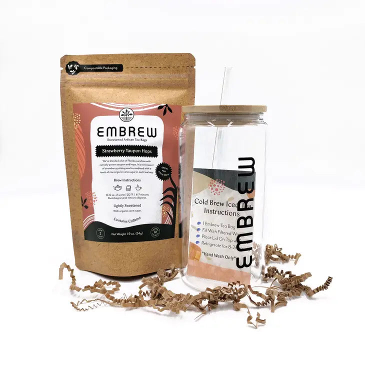 Embrew Tea Strawberry Yaupon Hops Sweetened Herbal, Glass + Bamboo Cold Brew Iced Tea Kit