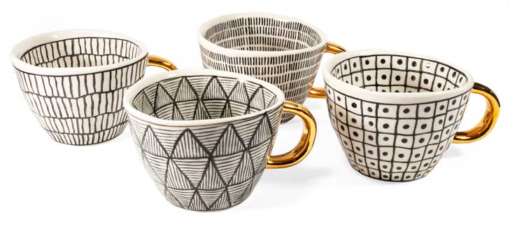 Geometric Stoneware Mug w/ Gold Handle, Sold Individually, Assorted Patterns, 10oz