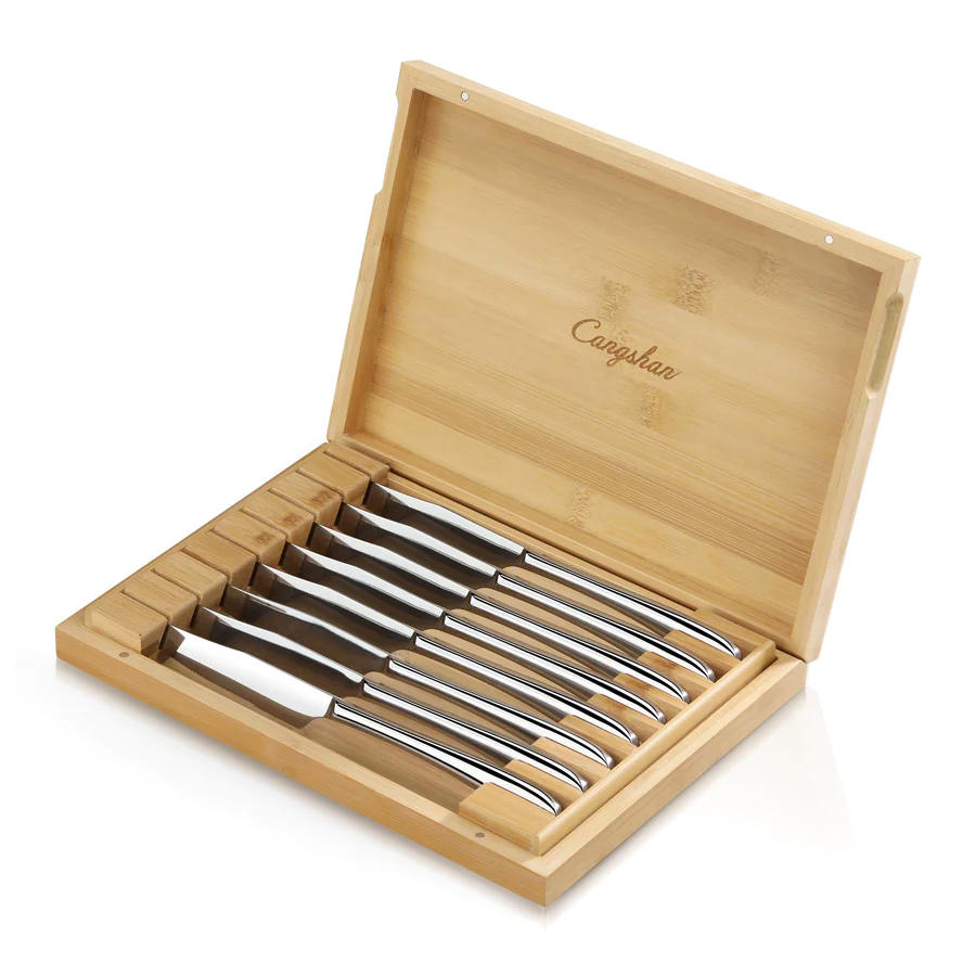 Cangshan Rain II Series 8-Piece Stainless Steel Forged Steak Knife Set in Bamboo Storage Chest